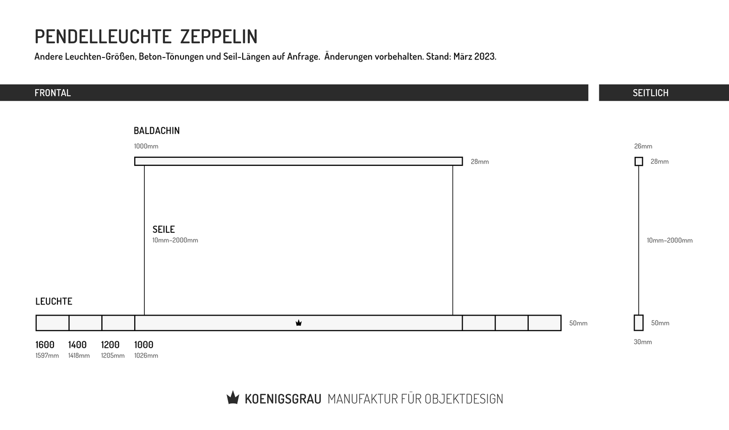 Technische Zeichnung mit Maßen von der Hängeleuchte 'ZEPPELIN'.