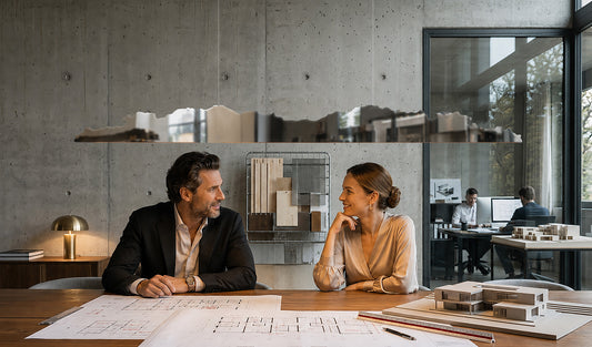 Ein Gutgekleidetes Paar sitzt an einem Tisch in einem Architekturbüro. Über dem Tisch hängt eine schöne Hängeleuchte aus Aluminium namens ALEA.